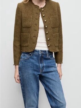 Mango Olive Tweed Crop Jacket